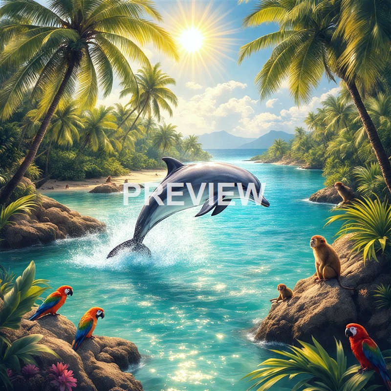 A dolphin jumping out of the turquoise water in a tropical island setting with lush palm trees, colorful parrots on rocks, and a bright sun overhead.